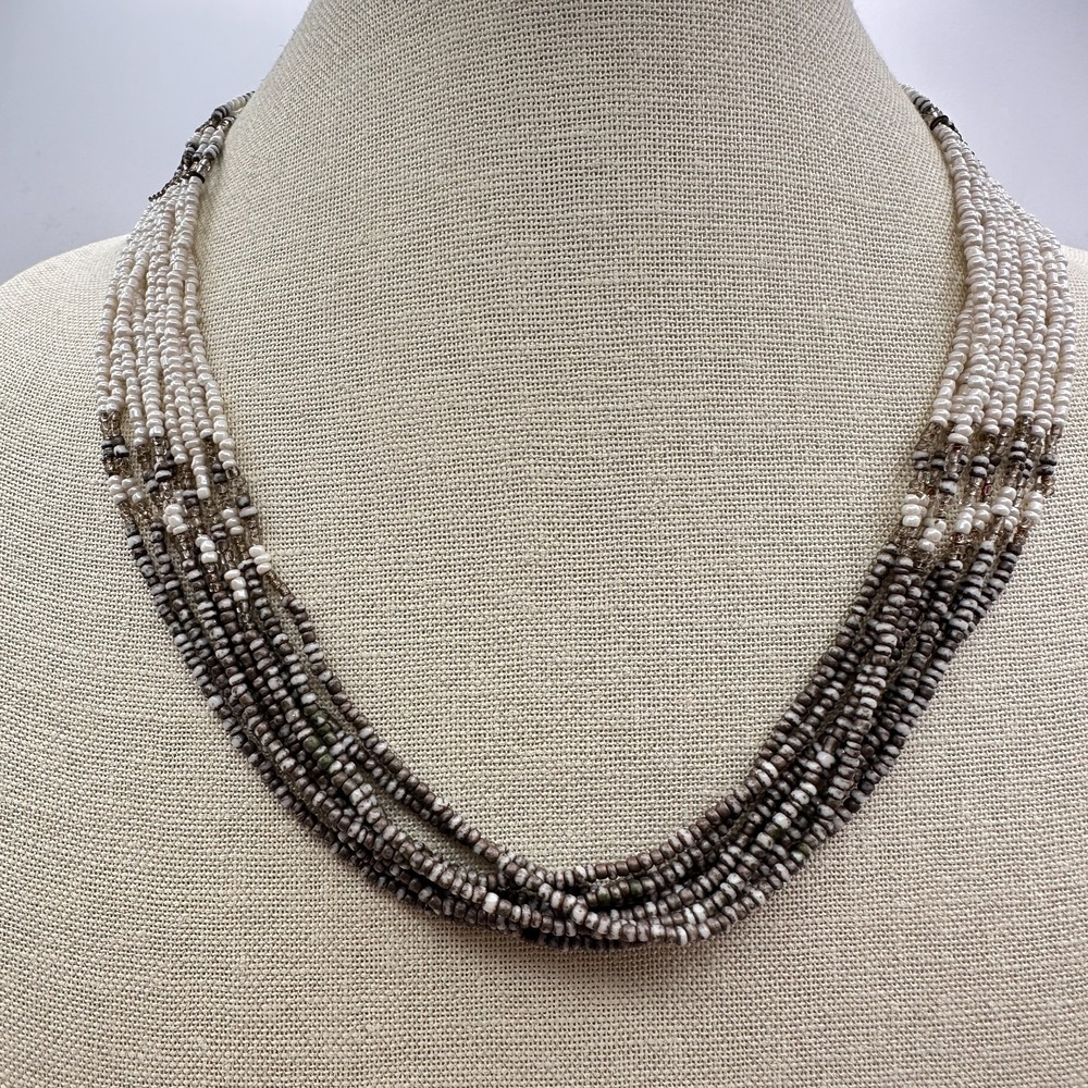 Vintage 80s Neutral Tone Multi Strand Seed Bead Choker Necklace Retro Jewelry